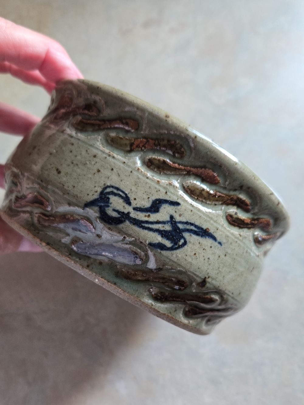 Vintage Hand-thrown Studio Pottery Bowl Bohemian Beauty! Blue Motif on 2 Sides